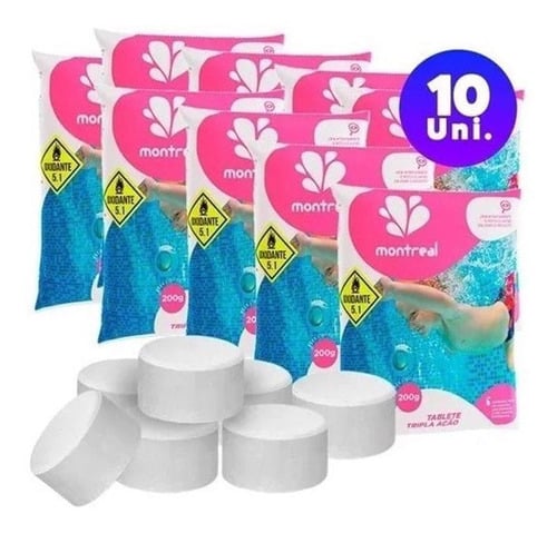 Kit 10 Pastilhas Tabletes Cloro 200g Tripla Ação P/ Piscina