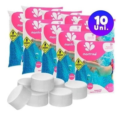 Kit 10 Pastilhas Tabletes Cloro 200g Tripla Ação P/ Piscina